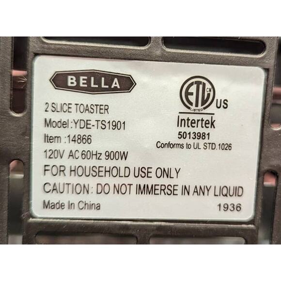 Bella 2 Slice Toaster Stainless Steel 5 Heat Settings Reheat Gluten Free Option - Picture 4 of 4